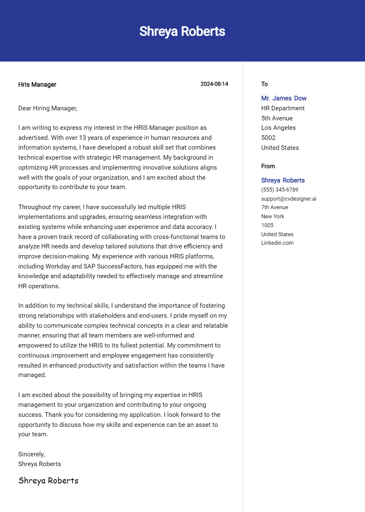Hris Manager Cover Letter Example for 2026: Top CV Skills Preview