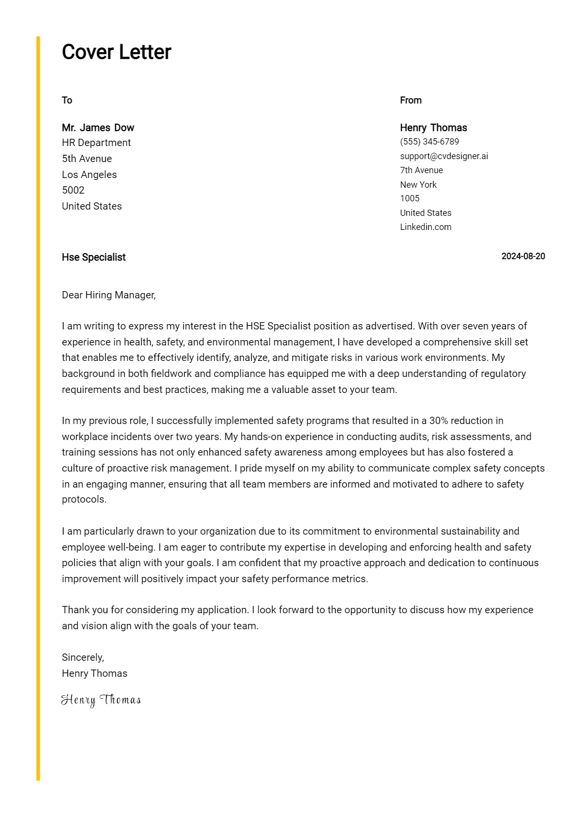 HSE Specialist Cover Letter Examples & Samples for 2026 Preview