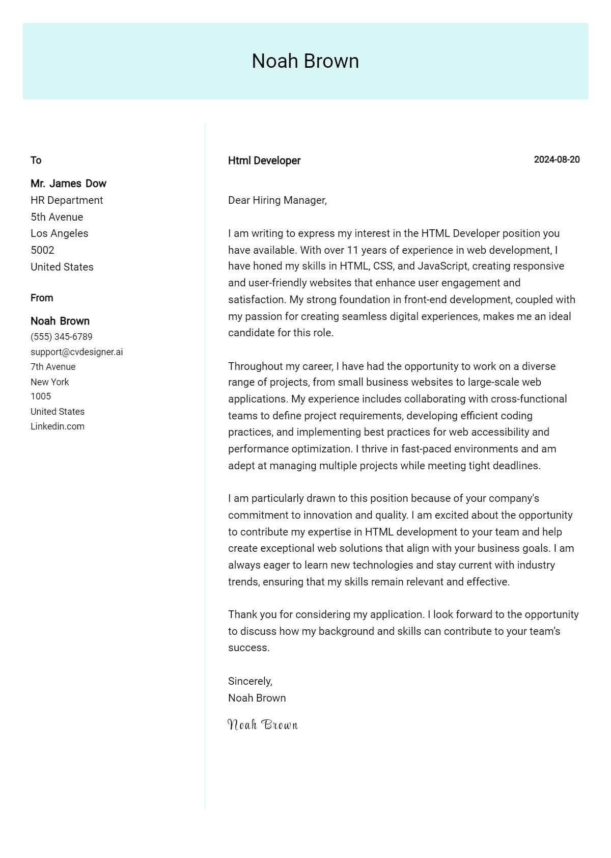 Html Developer Cover Letter Samples & Examples 2026 Preview
