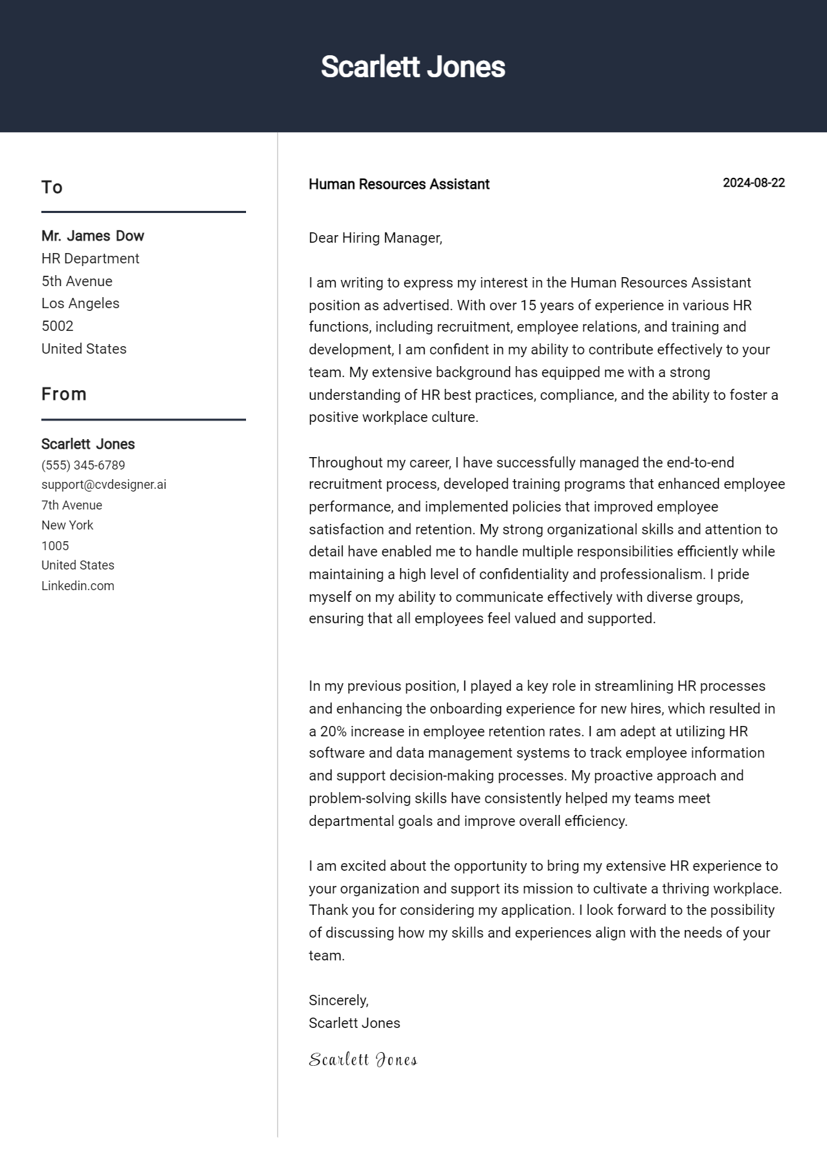Human Resources Assistant Cover Letter Example for 2026 (Writing Guide) Preview
