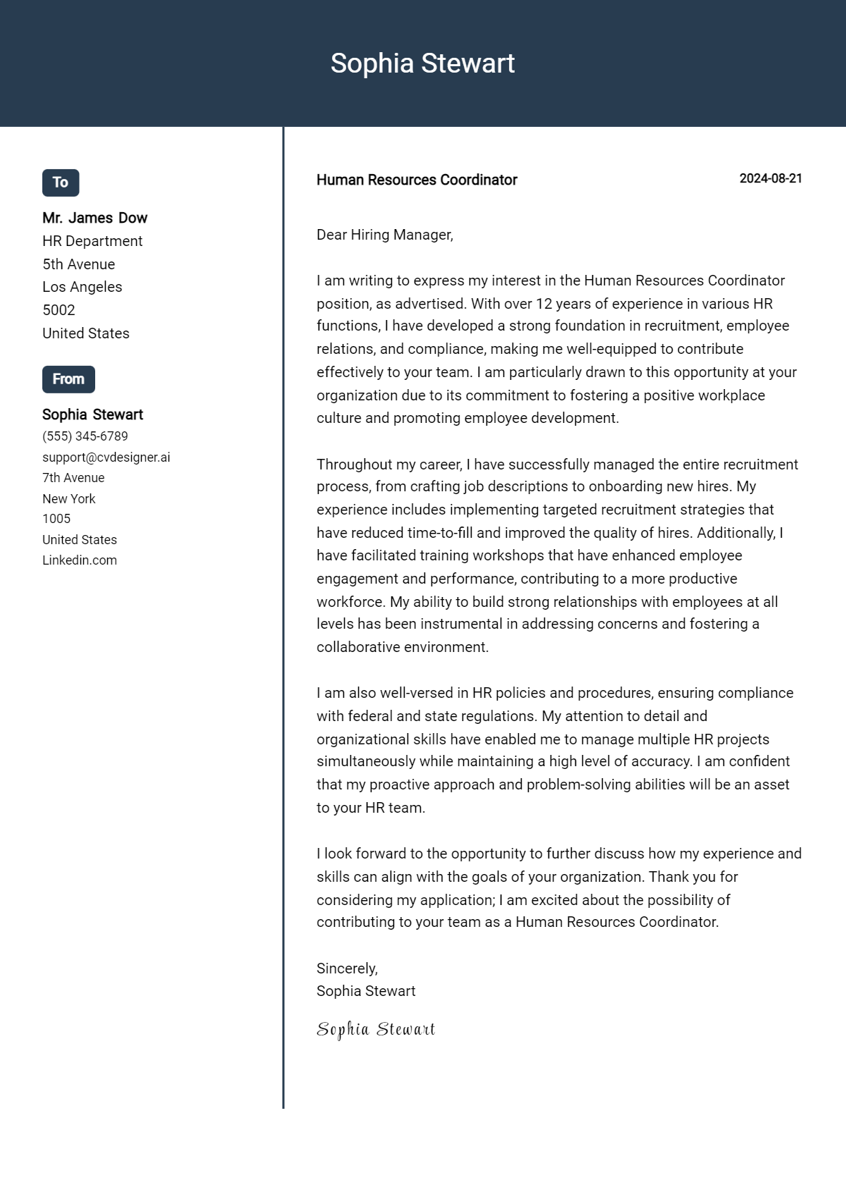 Human Resources Coordinator Cover Letter Example for 2026 (Free Templates) Preview
