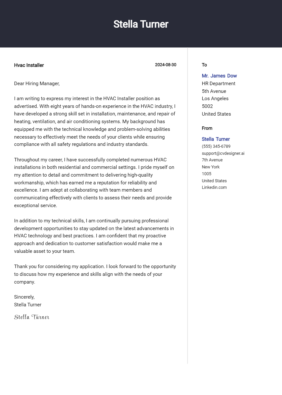 HVAC Installer Cover Letter Example for 2026 (Free Templates) Preview