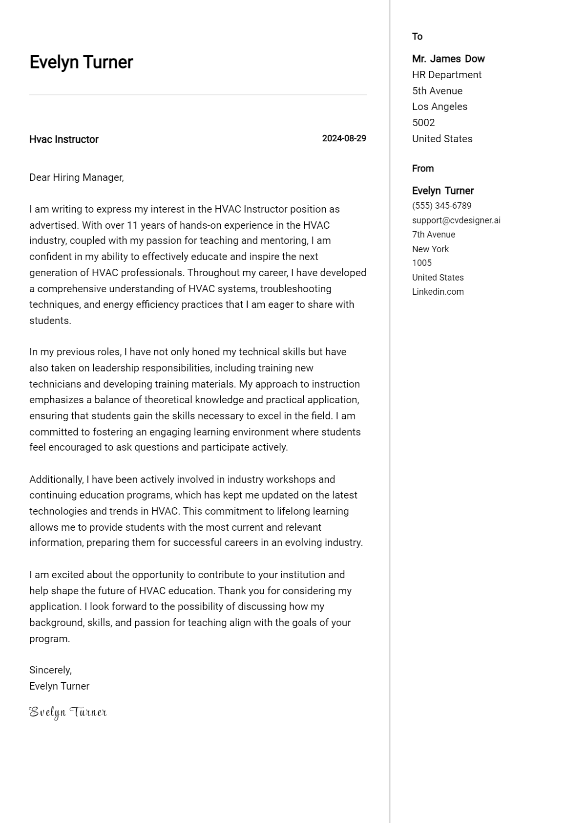 Hvac Instructor Cover Letter Examples and Templates for 2026 Preview