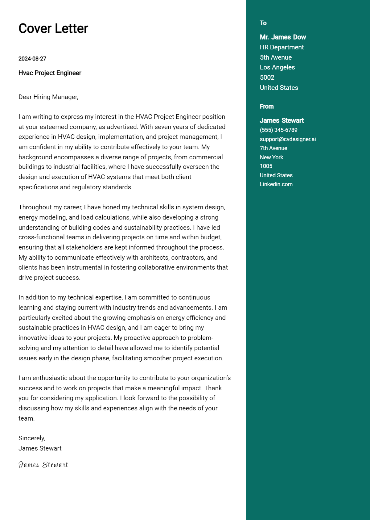 Hvac Project Engineer Cover Letter Samples & Examples 2026 Preview
