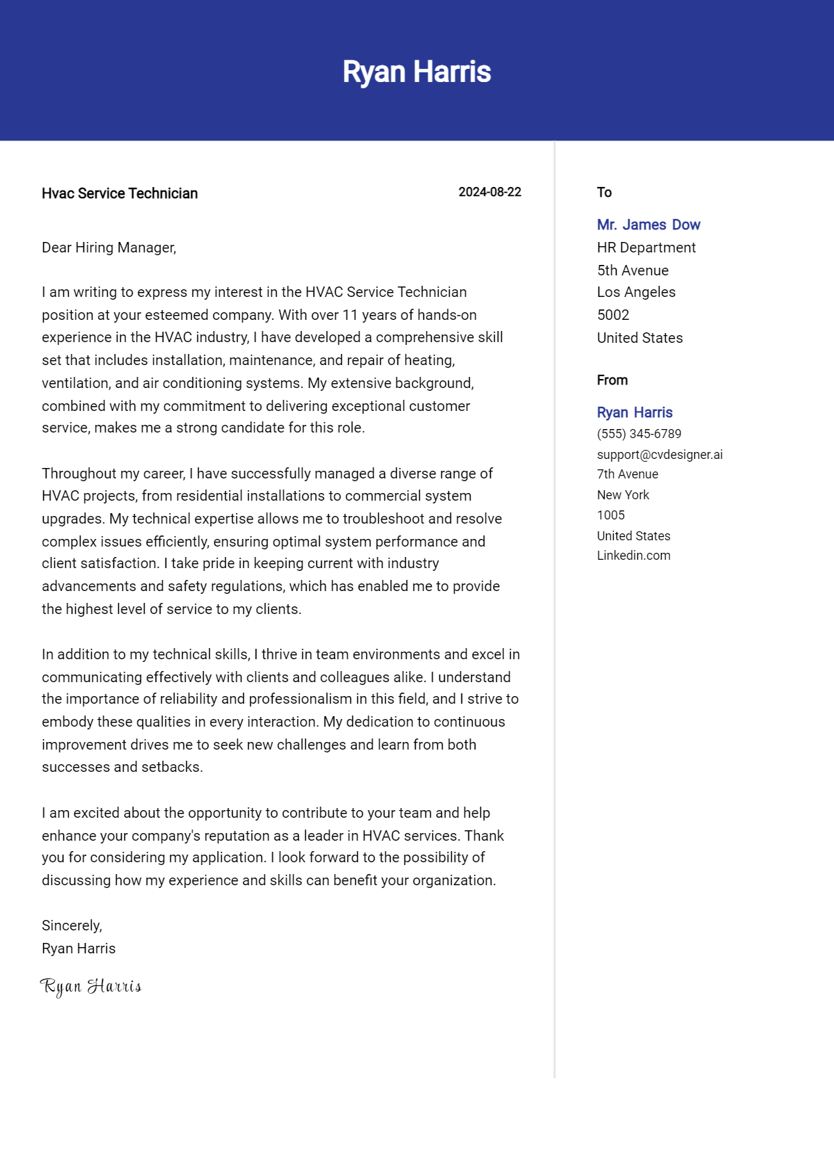 Hvac Service Technician Cover Letter Example for 2026 (Download Templates) Preview