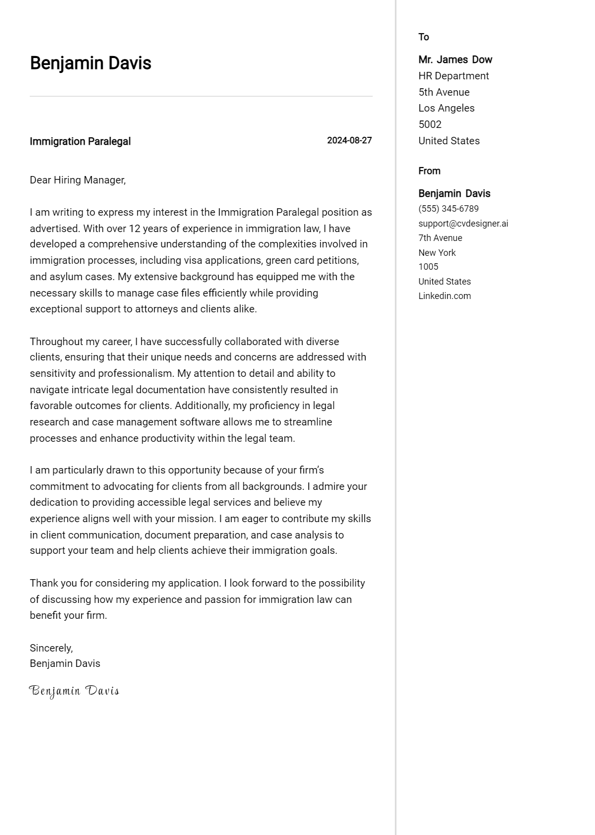 Immigration Paralegal Cover Letter Example for 2026 (Writing Guide) Preview