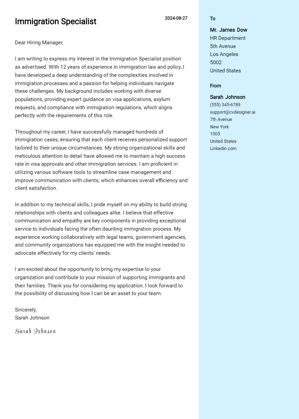 Immigration Specialist Cover Letter Examples & Samples for 2026 Preview
