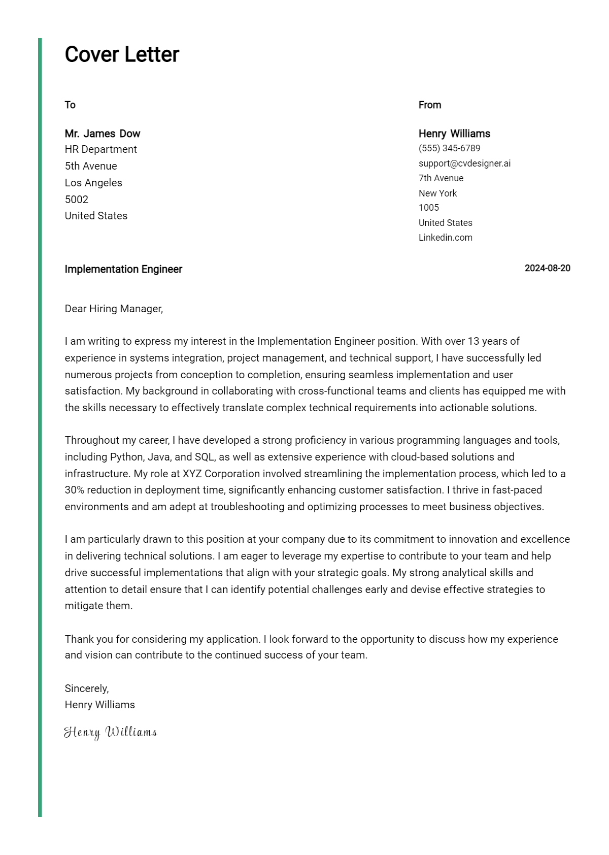 Implementation Engineer Cover Letter Example for 2026 (Writing Guide) Preview