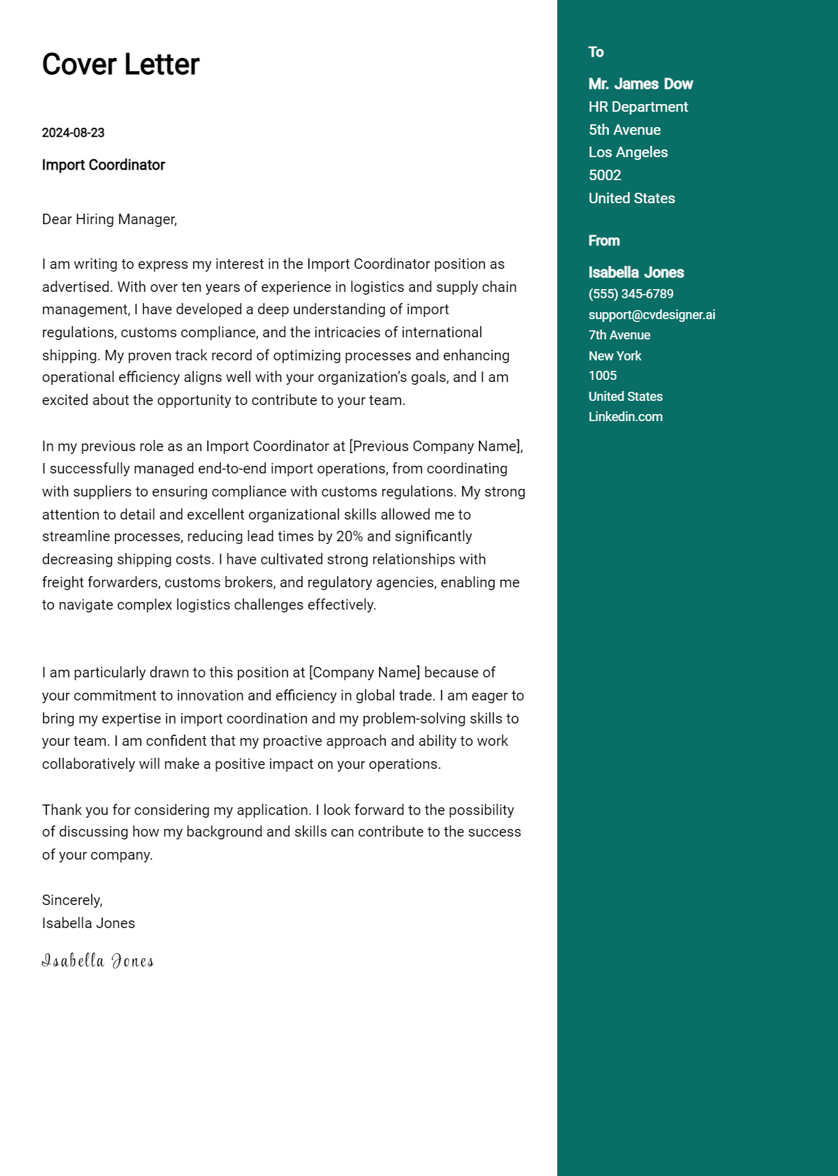 Import Coordinator Cover Letter Example for 2026 (Writing Guide) Preview