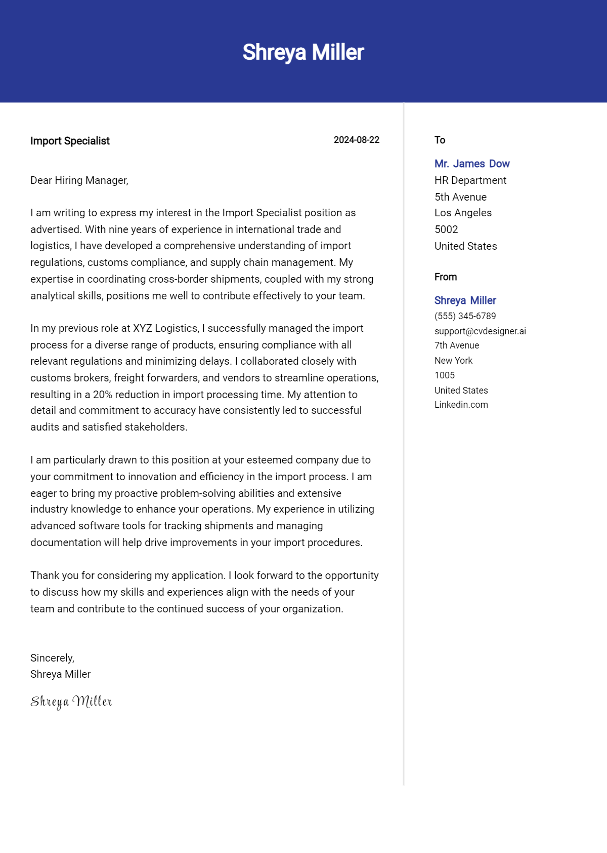 Import Specialist Cover Letter Example for 2026: Top CV Skills Preview