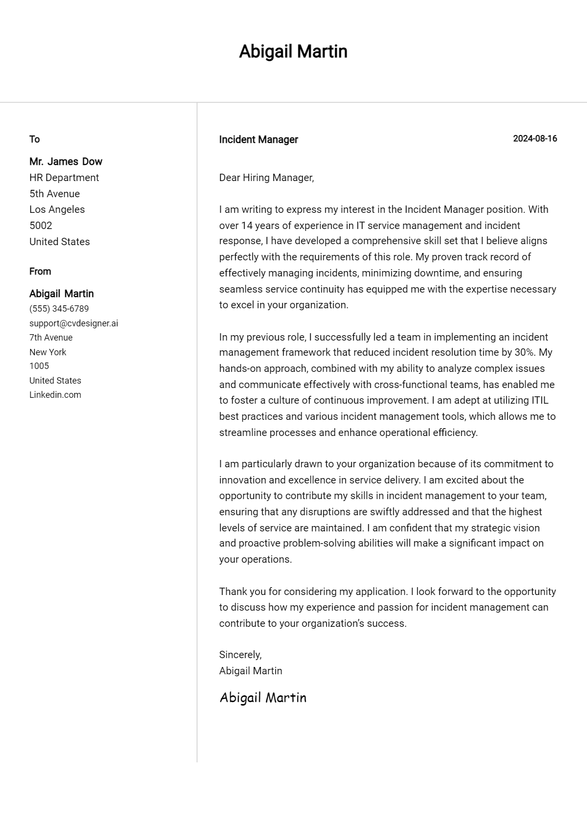 Incident Manager Cover Letter Examples for 2026 (Downloadable) Preview