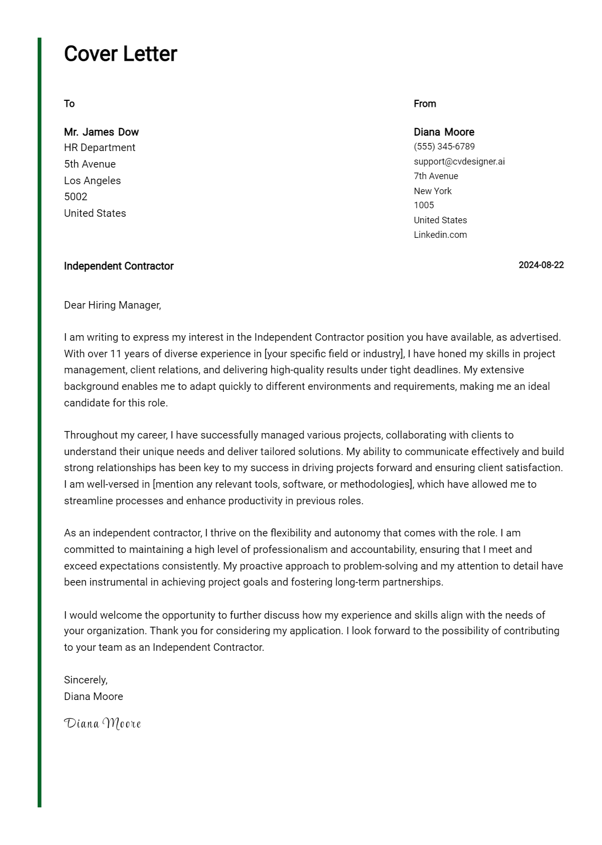 Independent Contractor Cover Letter Example for 2026 (Writing Guide) Preview