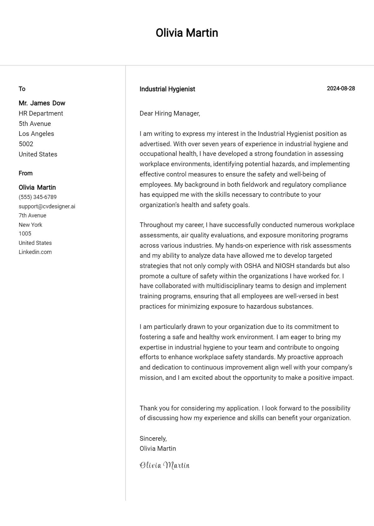 Industrial Hygienist Cover Letter Example for 2026 (Download Templates) Preview