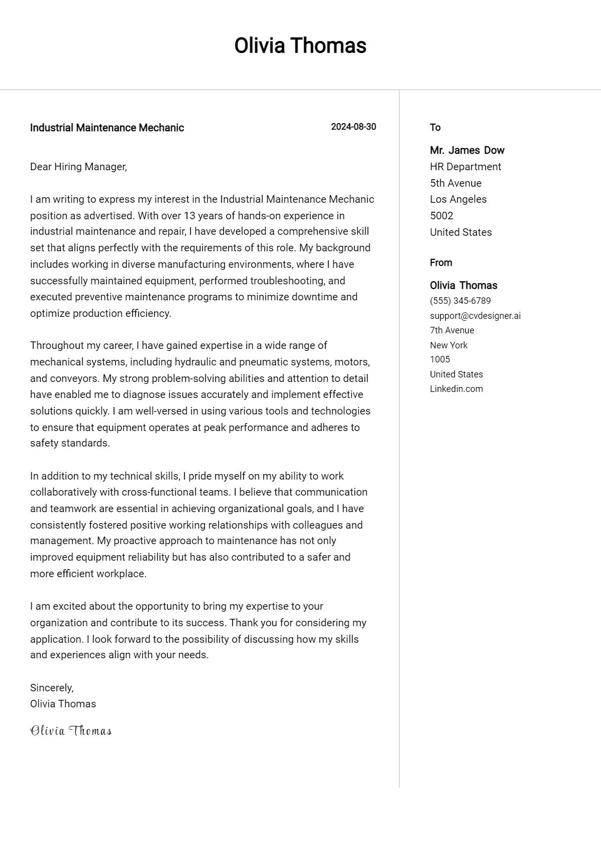 Industrial Maintenance Mechanic Cover Letter Example for 2026 (Complete Writing Guide) Preview