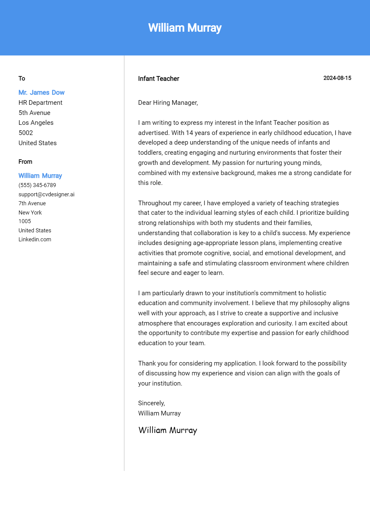 Infant Teacher Cover Letter Example for 2026 (Free Templates) Preview
