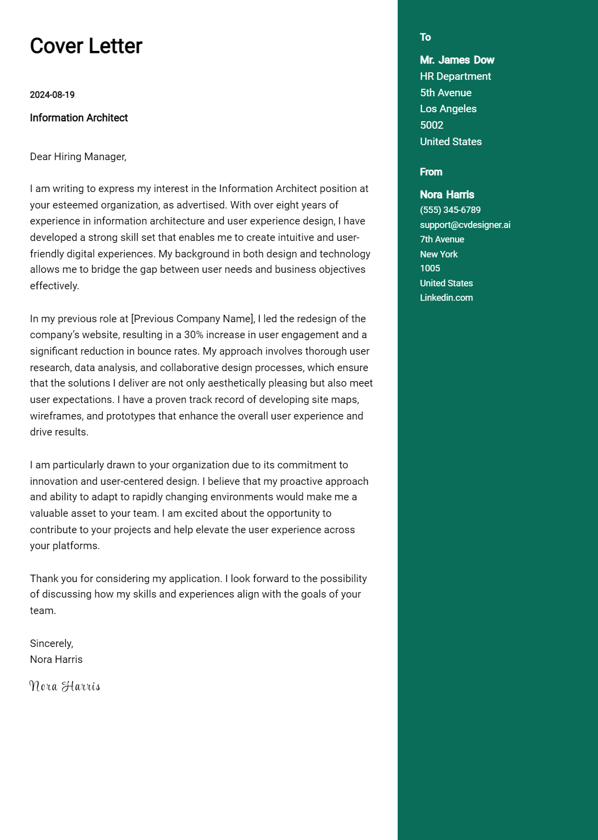 Information Architect Cover Letter Example for 2026: Tips & Templates Preview