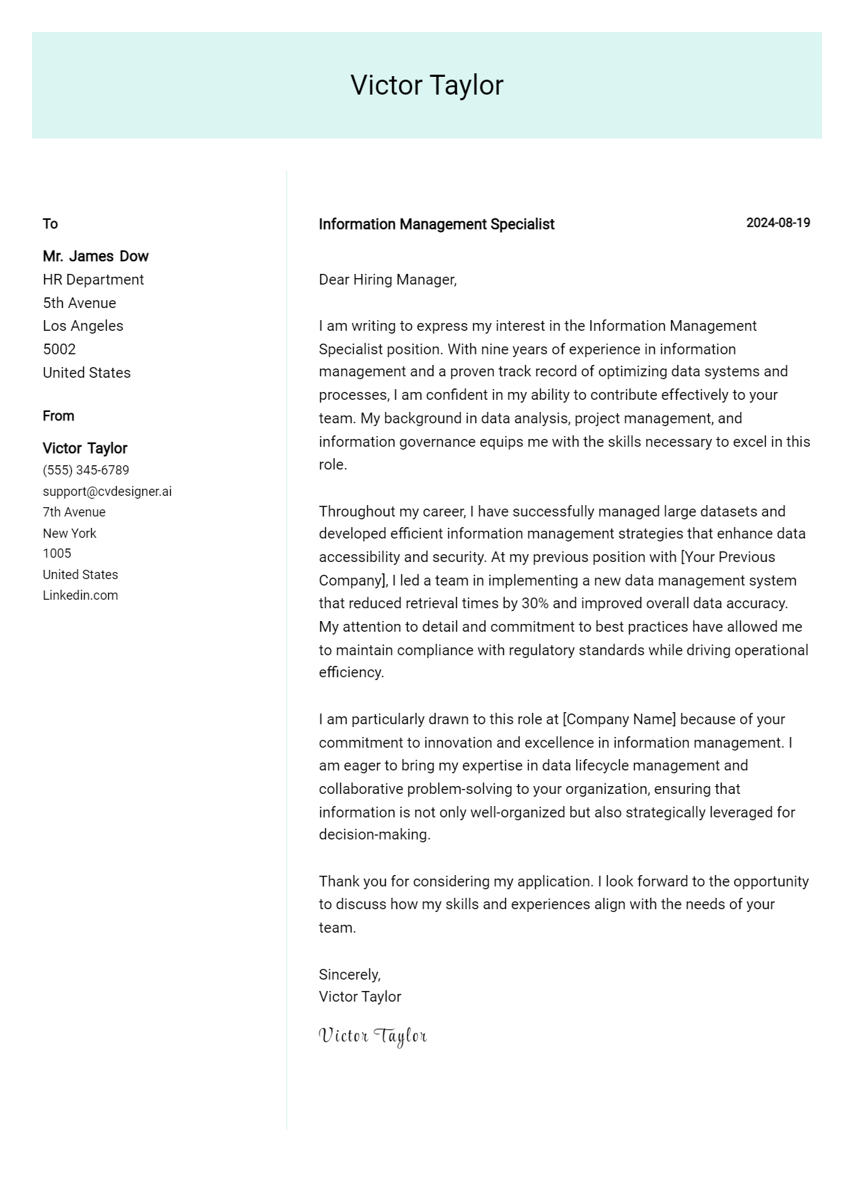 Information Management Specialist Cover Letter Examples with Writing Tips for 2026 Preview