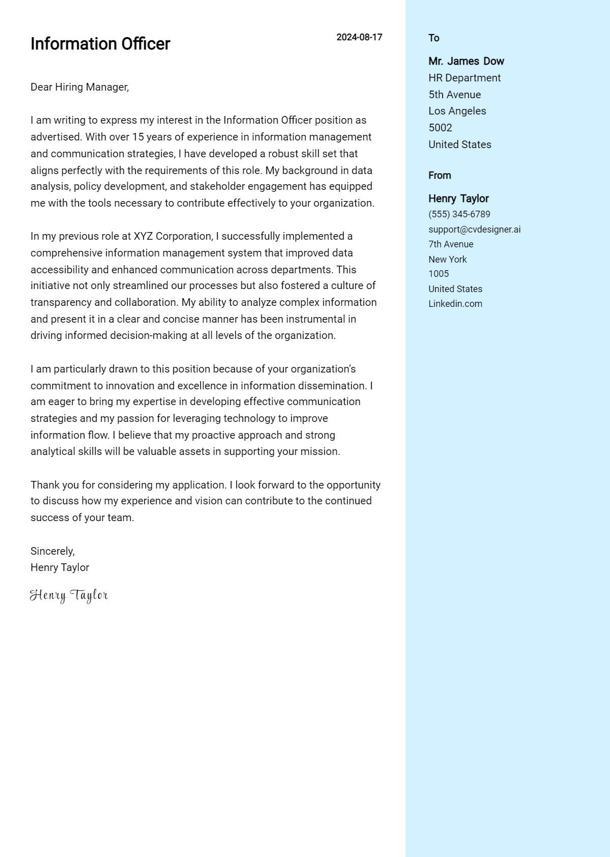 11 Information Officer Cover Letter Examples & Samples for 2026 Preview