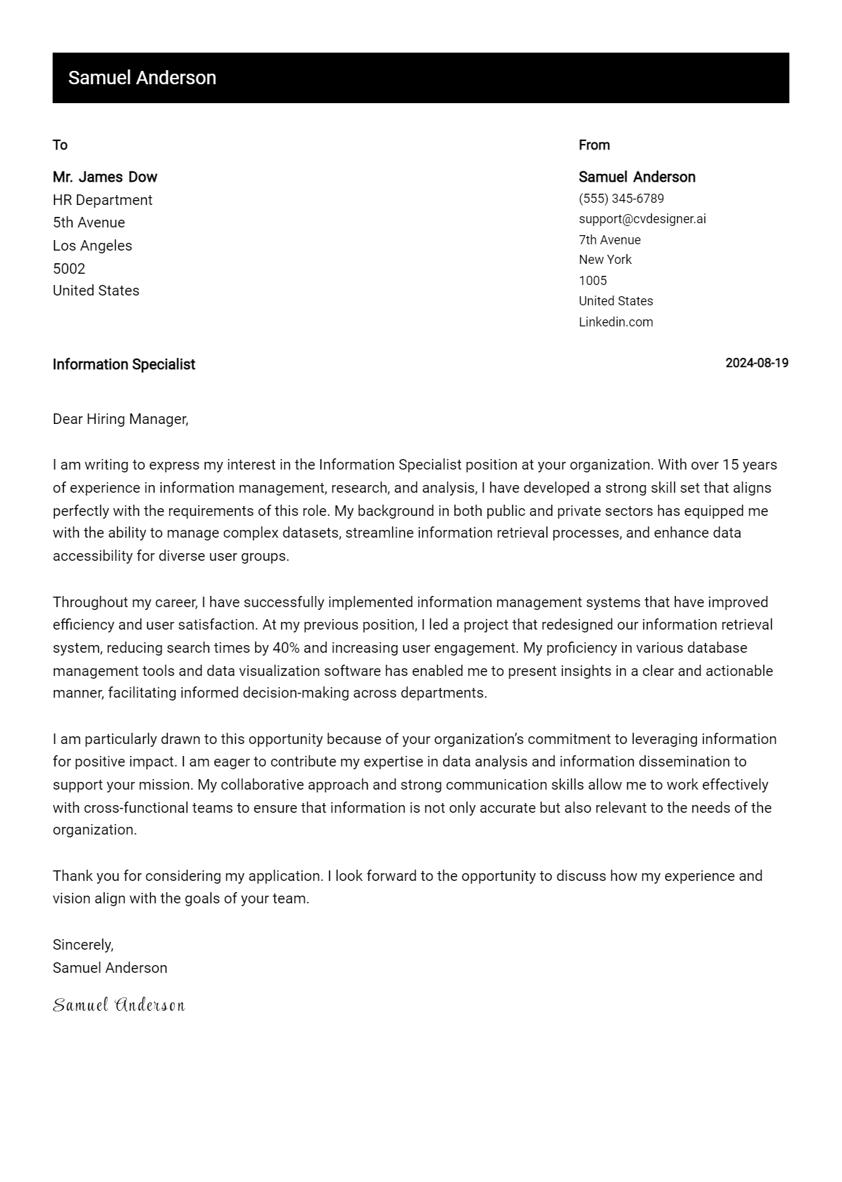 12 Information Specialist Cover Letter Example for 2026 (Writing Guide) Preview