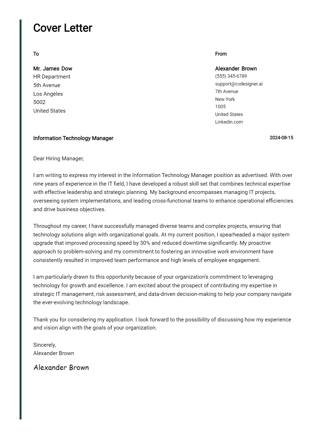 Information Technology Manager Cover Letter Example for 2026: Top CV Skills Preview