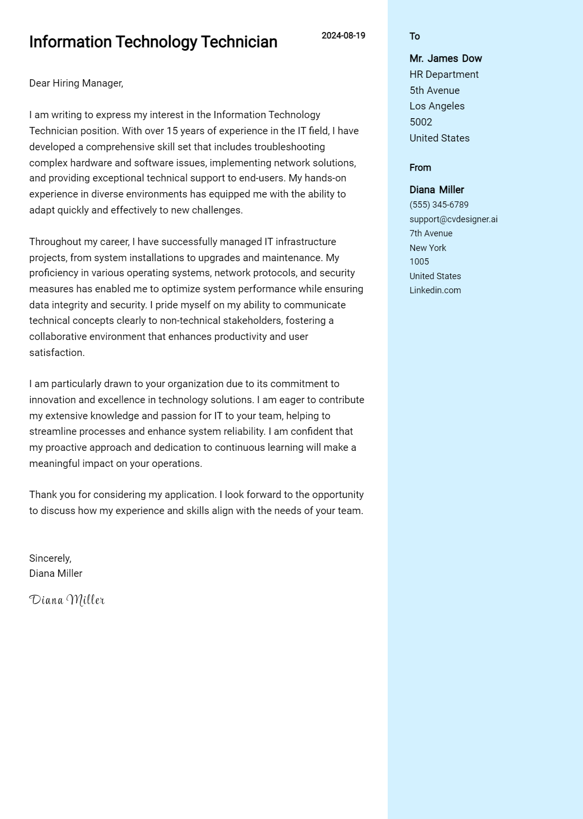 Information Technology Technician Cover Letter Samples & Examples 2026 Preview