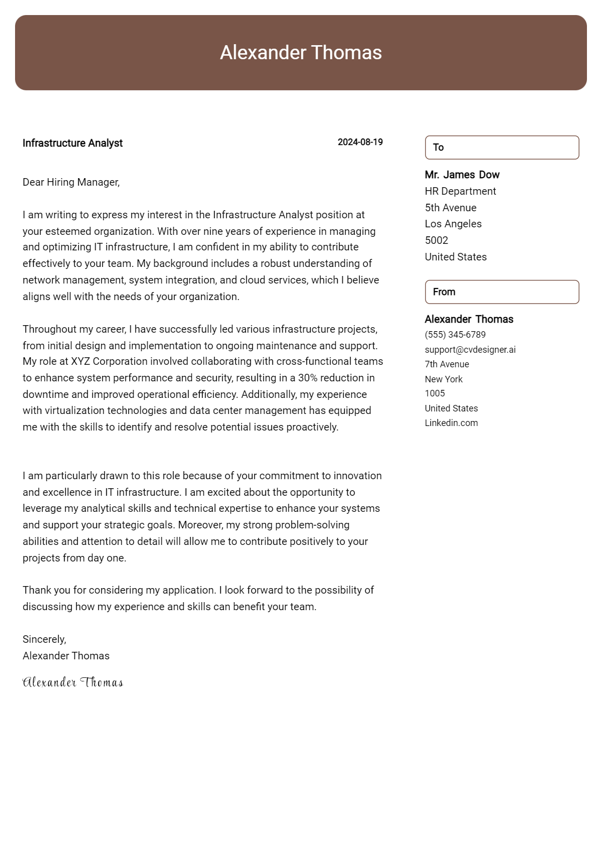 Infrastructure Analyst Cover Letter Example for 2026 (Complete Writing Guide) Preview