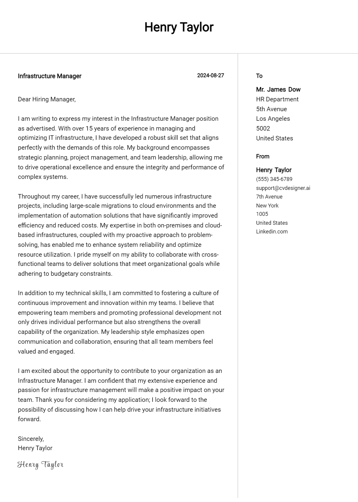 17 Infrastructure Manager Cover Letter Example for 2026: Free Templates Preview