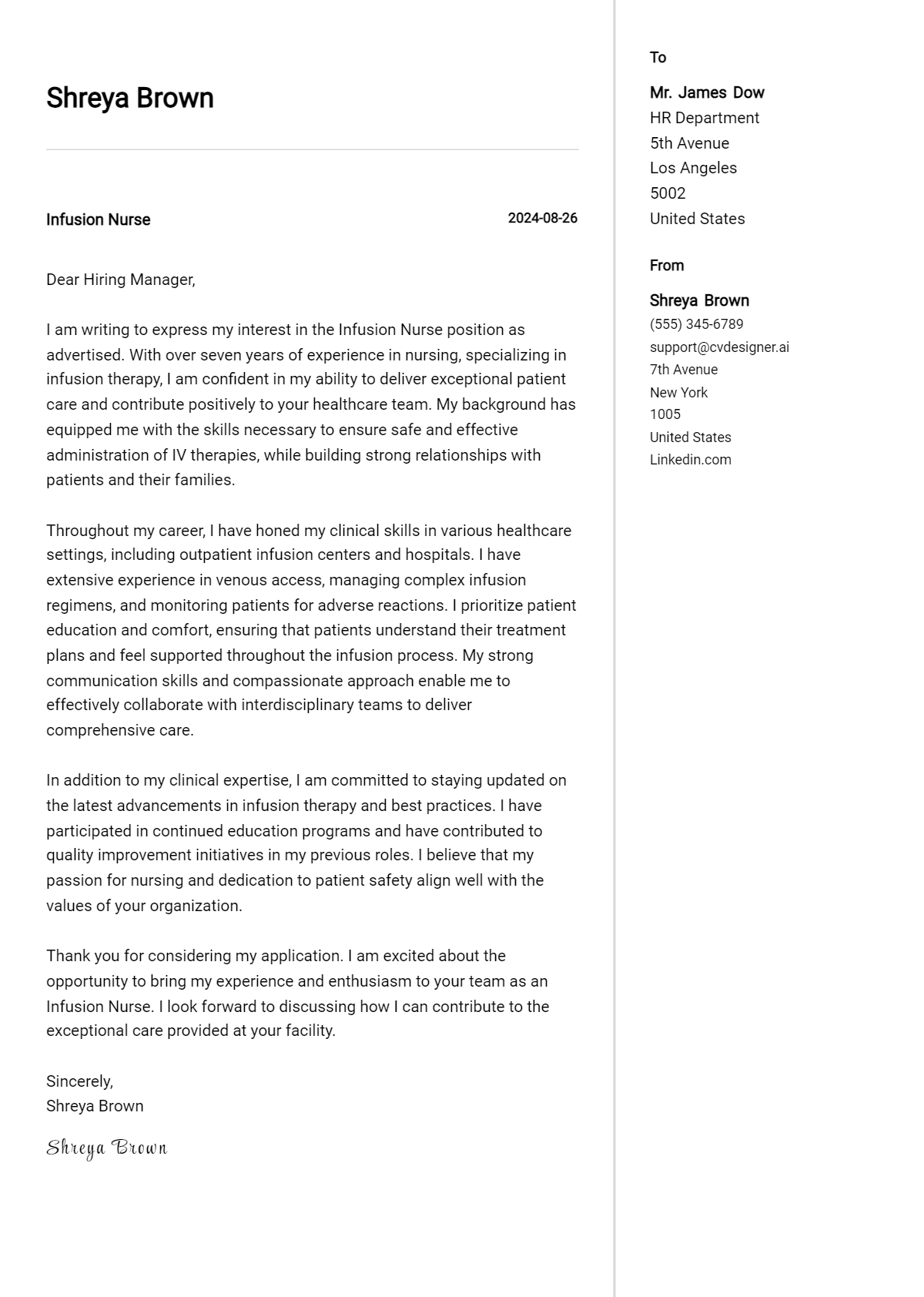 Infusion Nurse Cover Letter Example for 2026 (Writing Guide) Preview