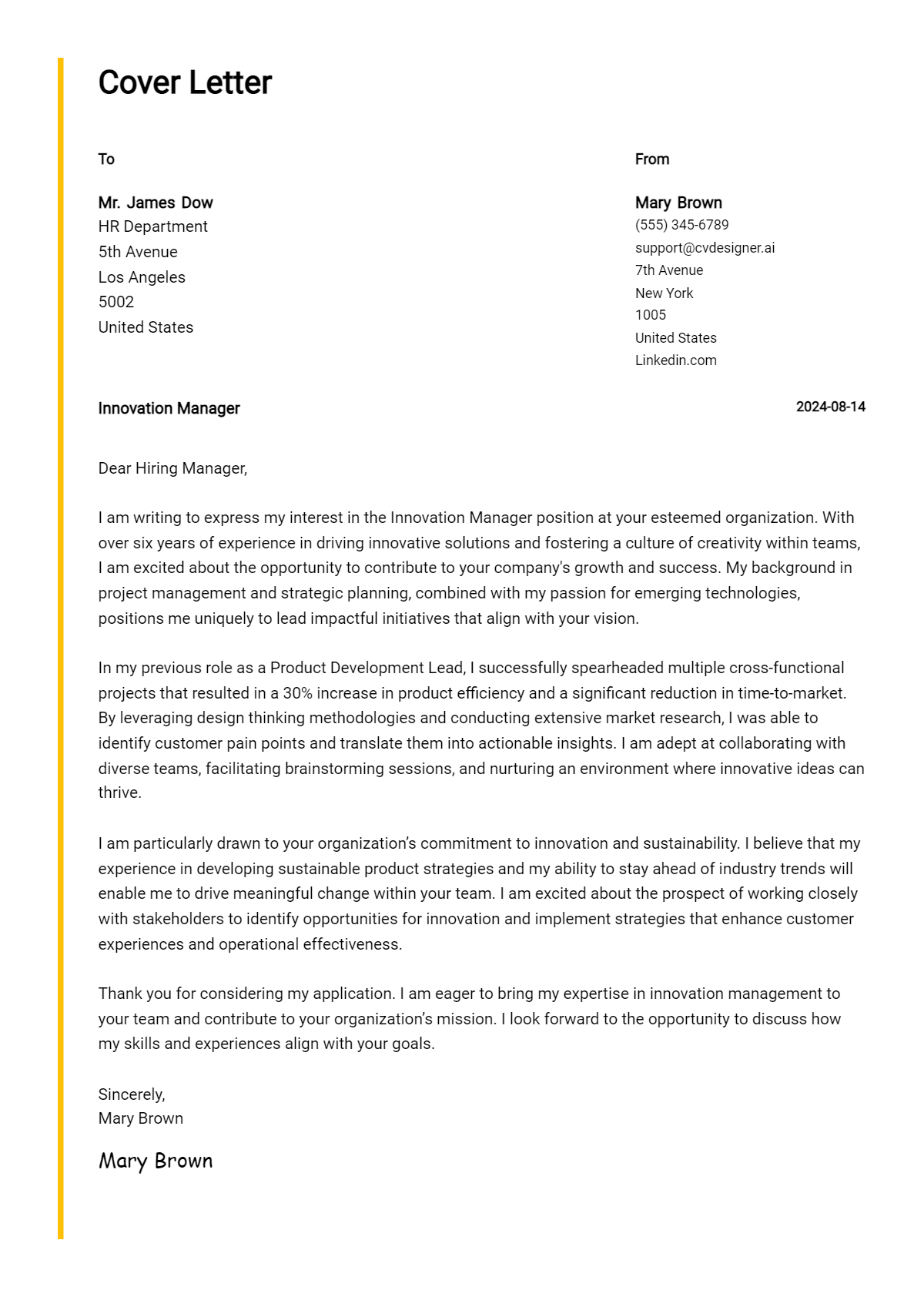 Innovation Manager Cover Letter Samples & Examples 2026 Preview
