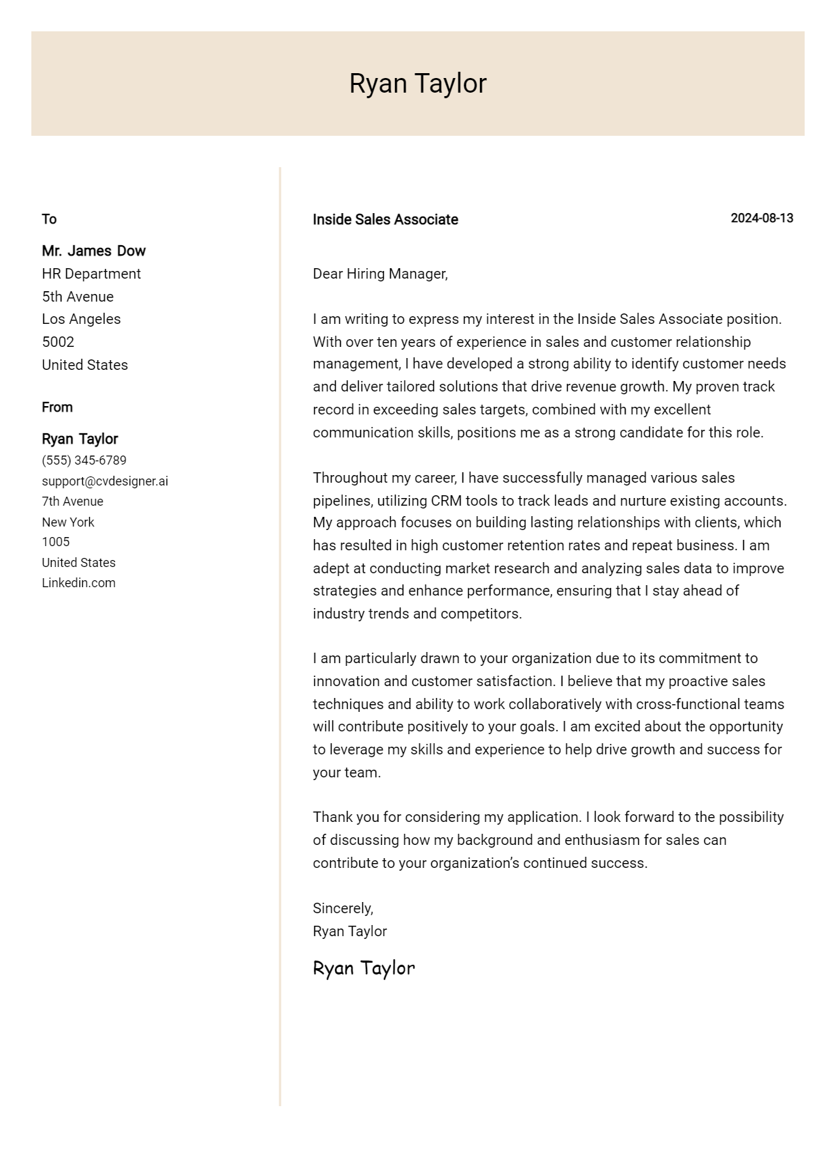 Inside Sales Associate Cover Letter Example for 2026 (Writing Guide) Preview
