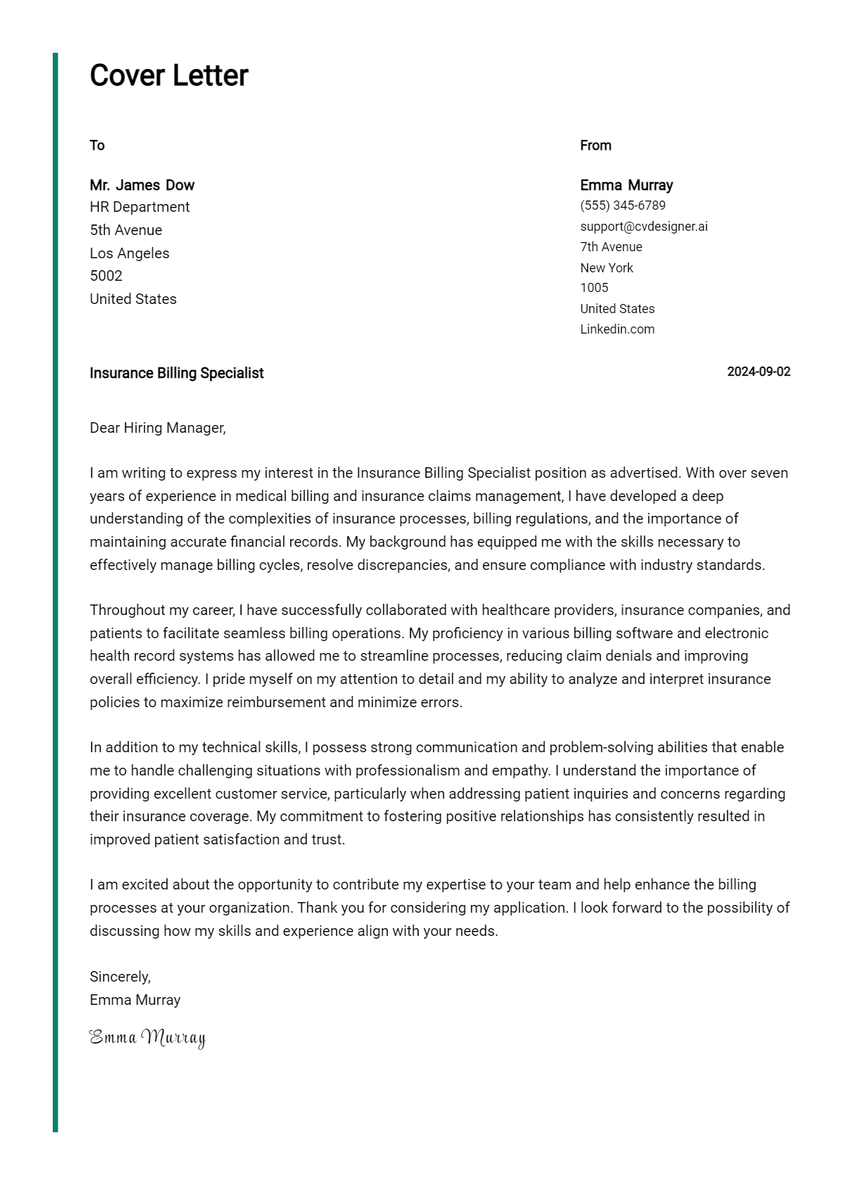 Insurance Billing Specialist Cover Letter Example for 2026 (Free Templates) Preview