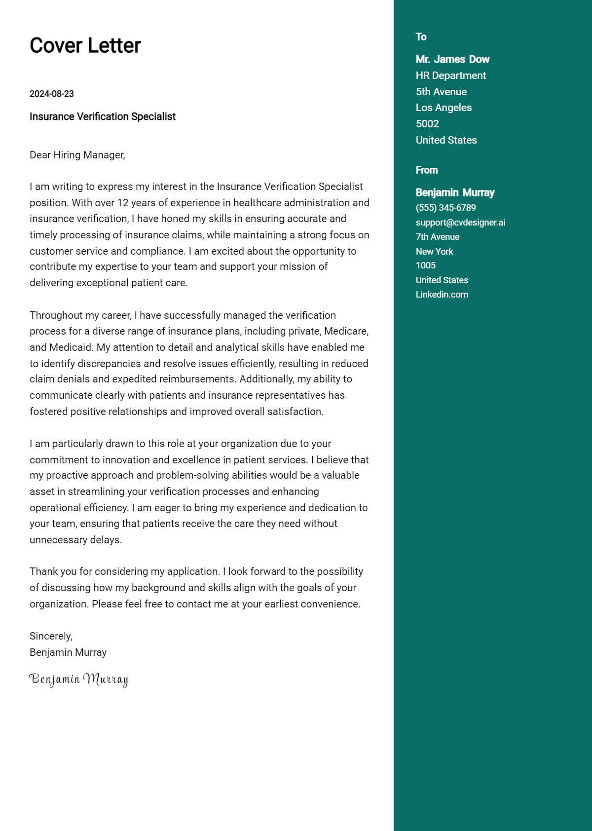 Insurance Verification Specialist Cover Letter Example for 2026 (Writing Guide) Preview