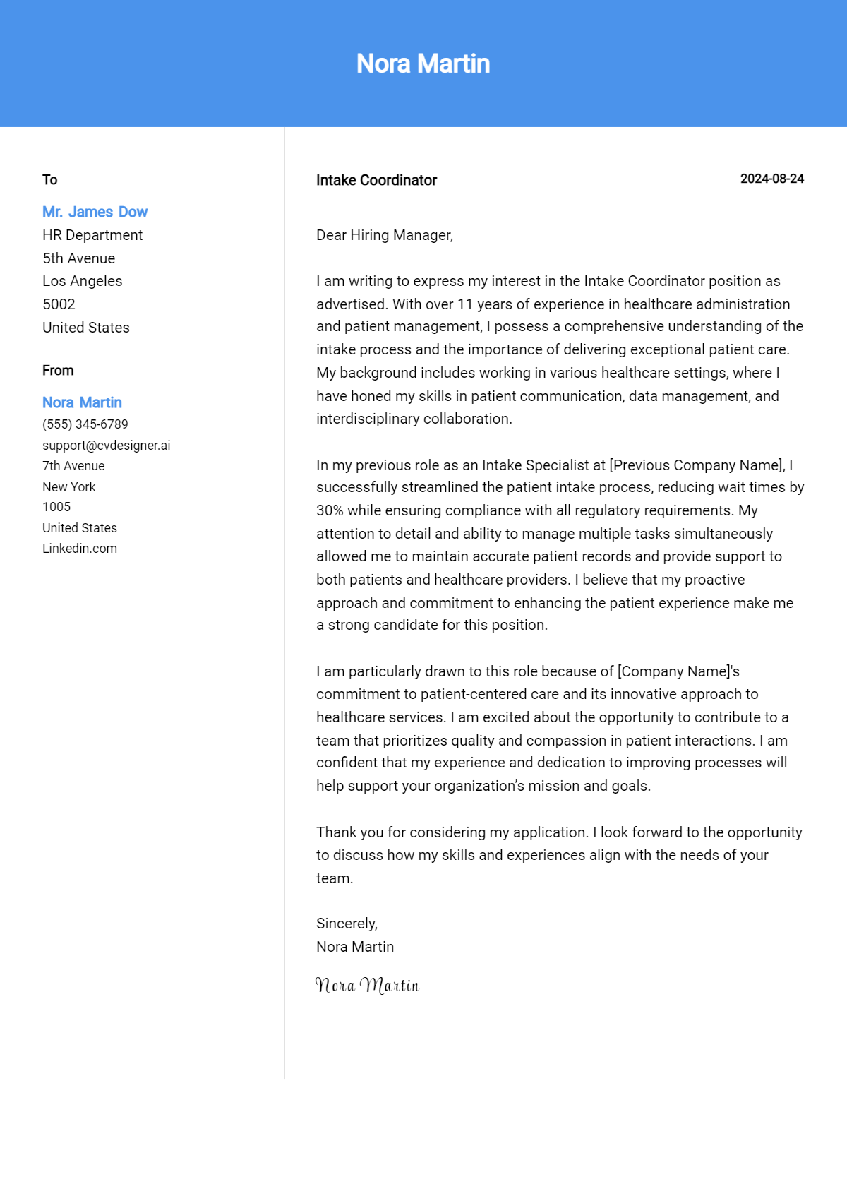 Intake Coordinator Cover Letter Examples & Samples for 2026 Preview