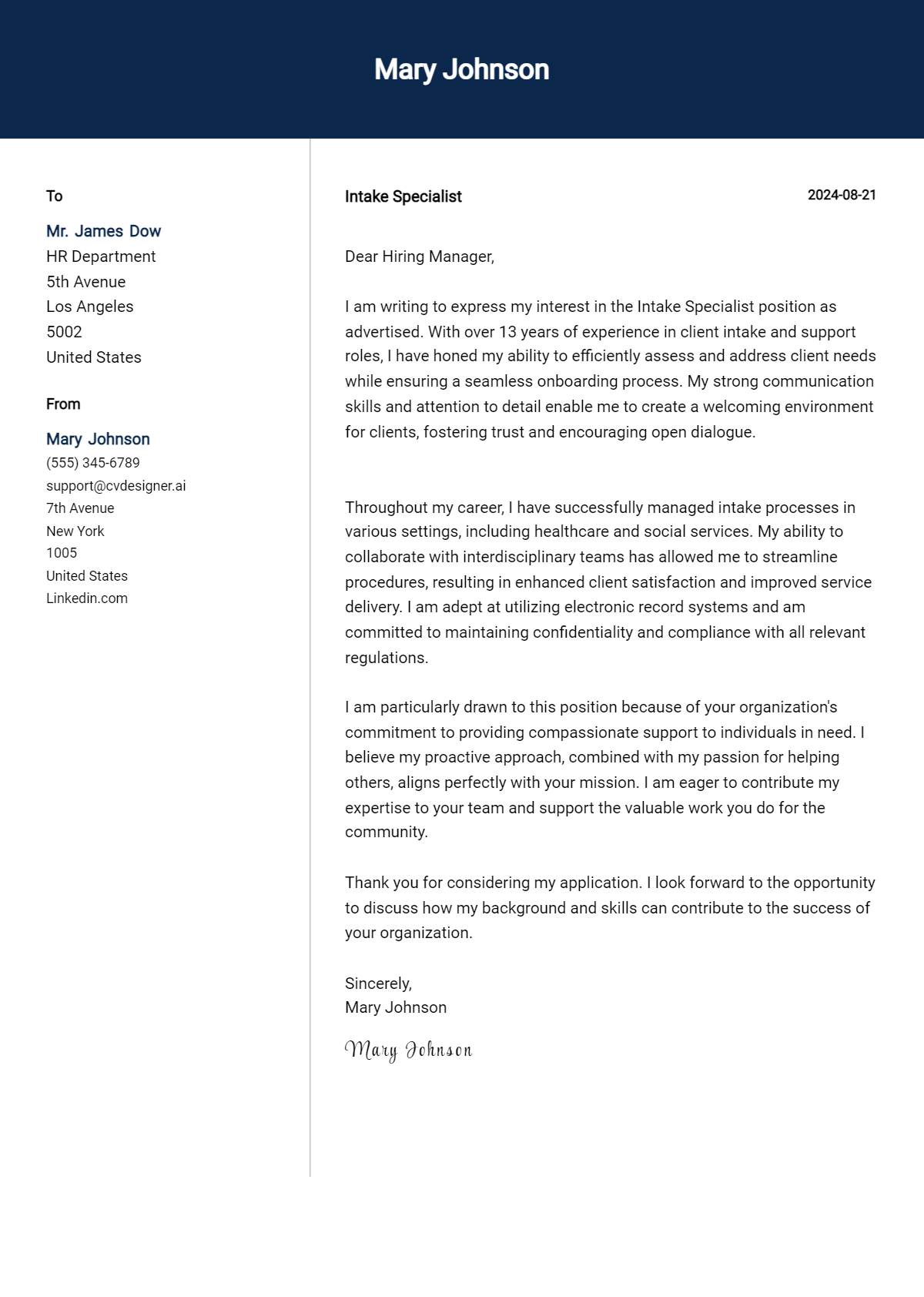 Intake Specialist Cover Letter Example for 2026: Expert Tips & Templates Preview