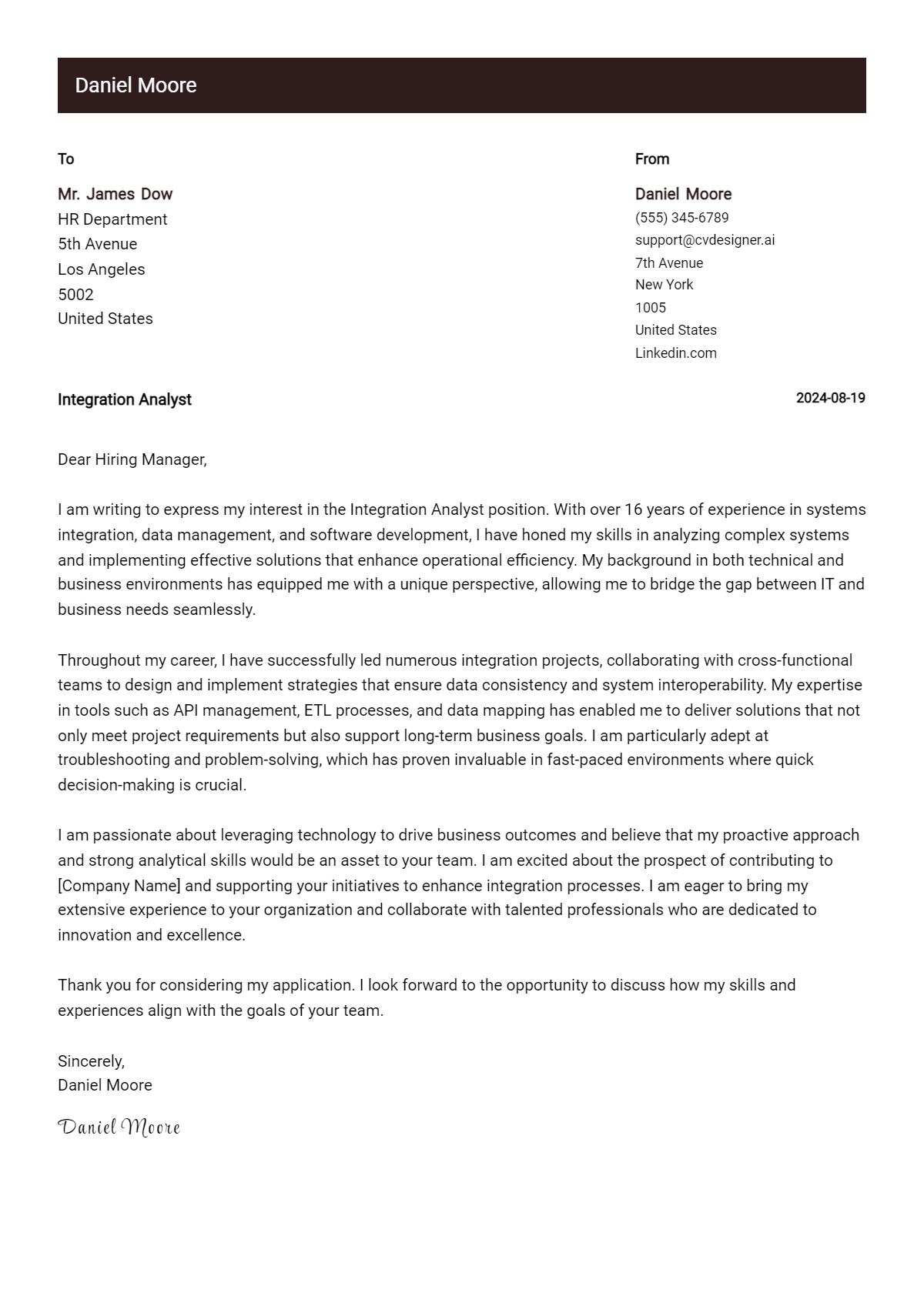 Integration Analyst Cover Letter Example for 2026: Top CV Skills Preview