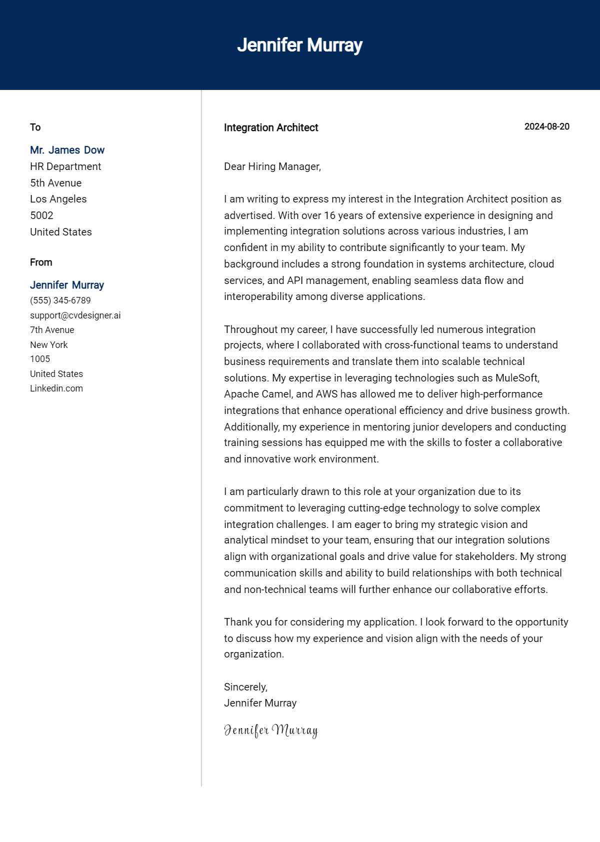Integration Architect Cover Letter Example for 2026 (Writing Guide) Preview