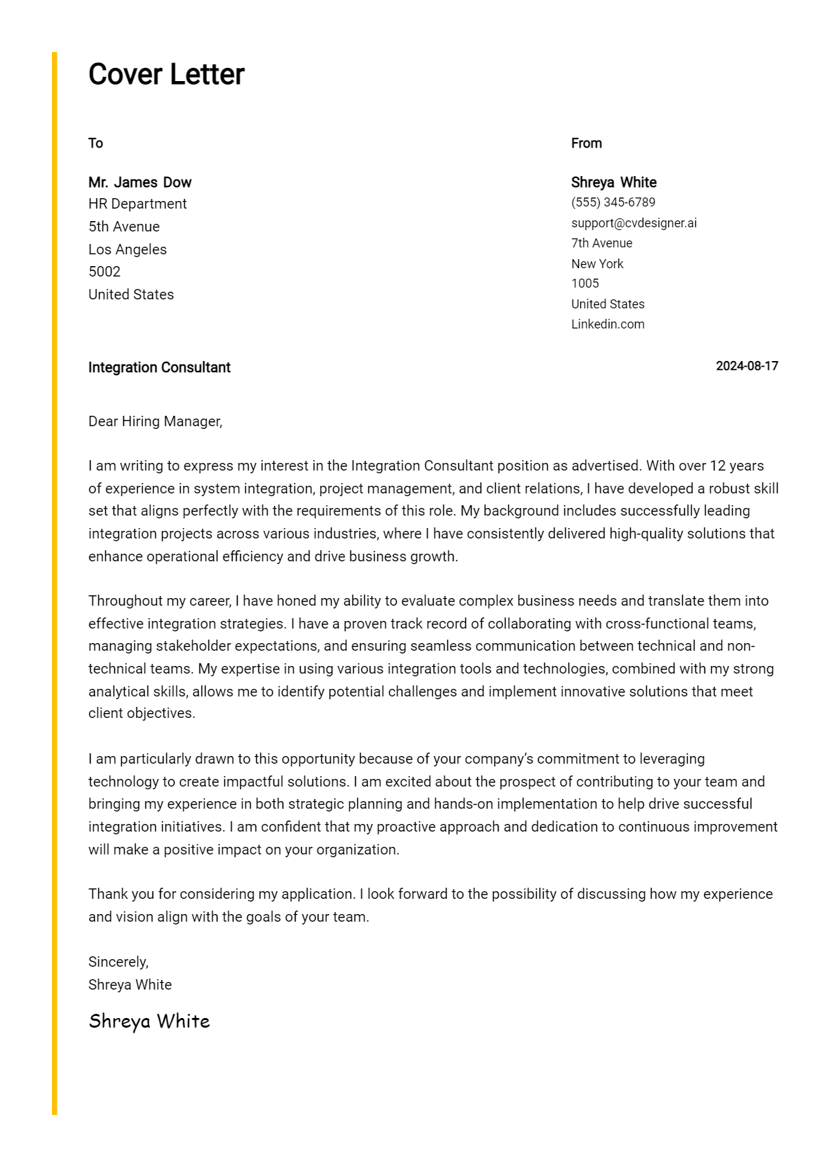 Integration Consultant Cover Letter Example for 2026 (Complete Writing Guide) Preview
