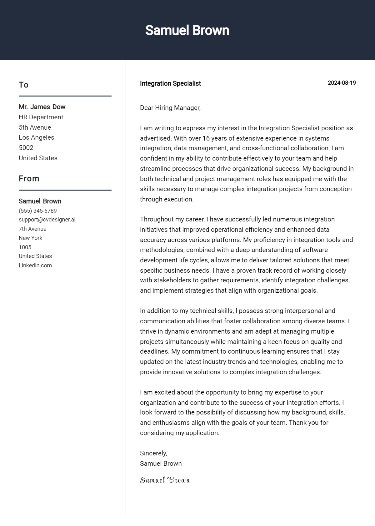 Integration Specialist Cover Letter Examples with Writing Tips for 2026 Preview
