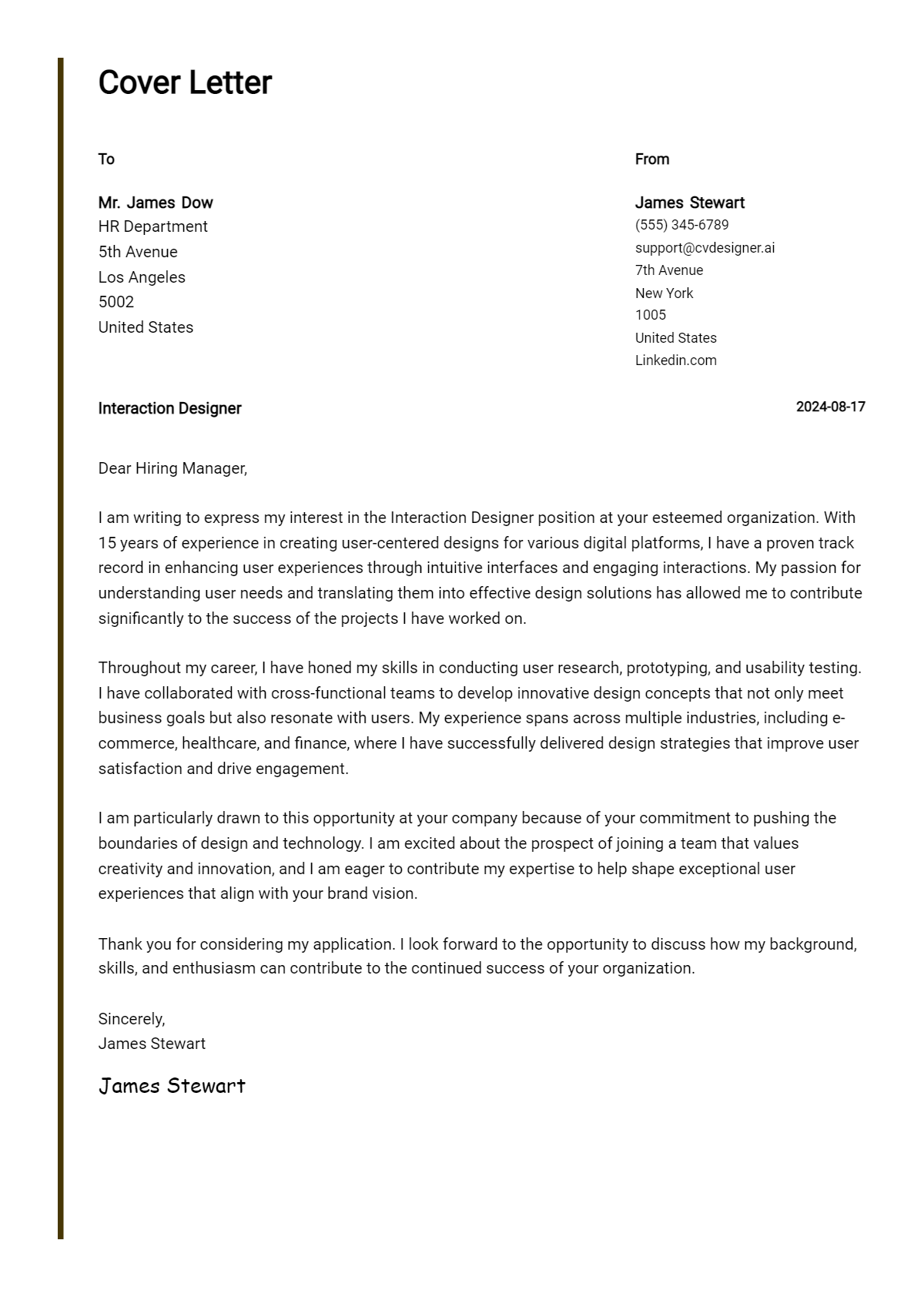 Interaction Designer Cover Letter Example for 2026 (Writing Guide) Preview
