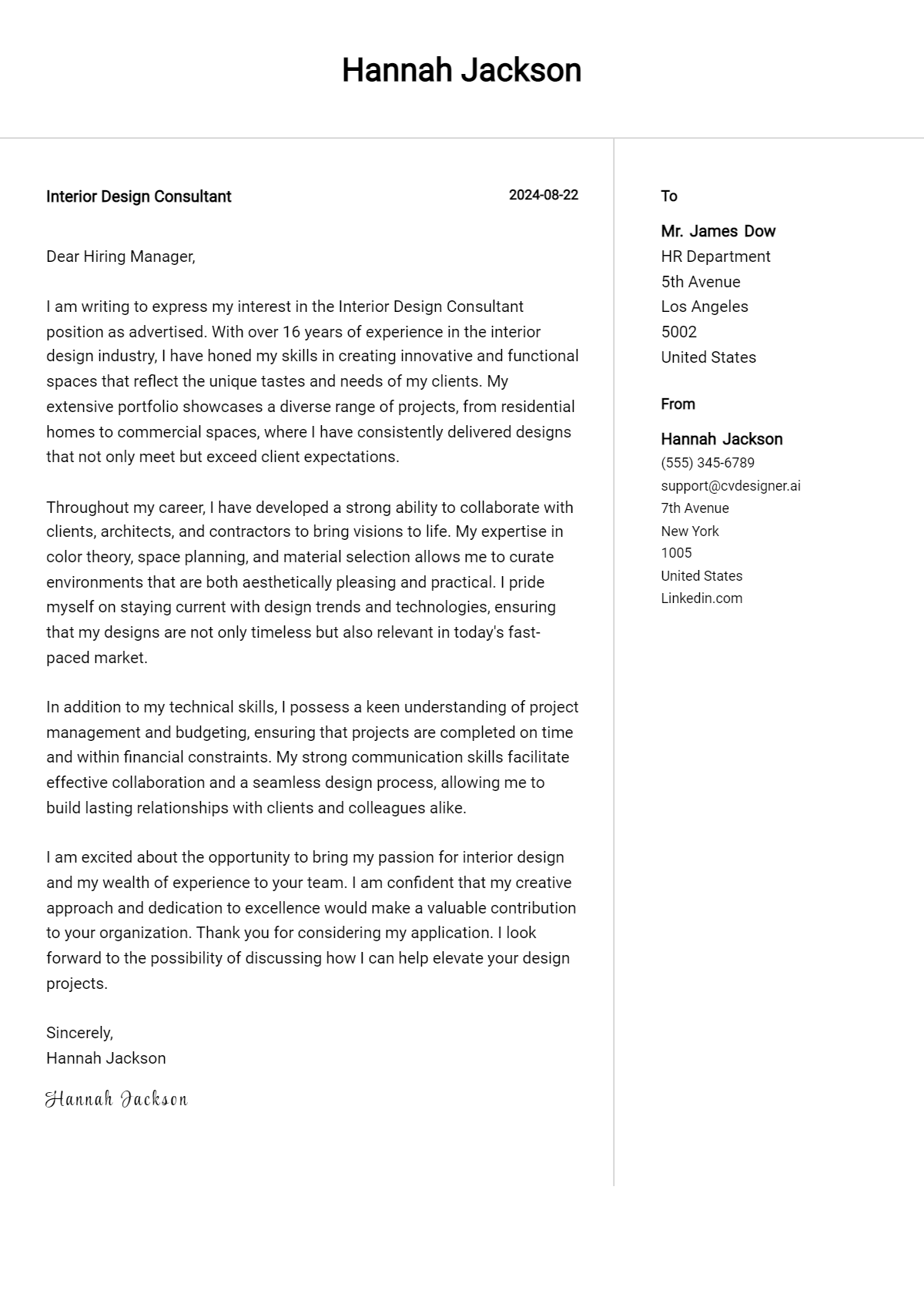 Interior Design Consultant Cover Letter Example for 2026: Free Templates Preview