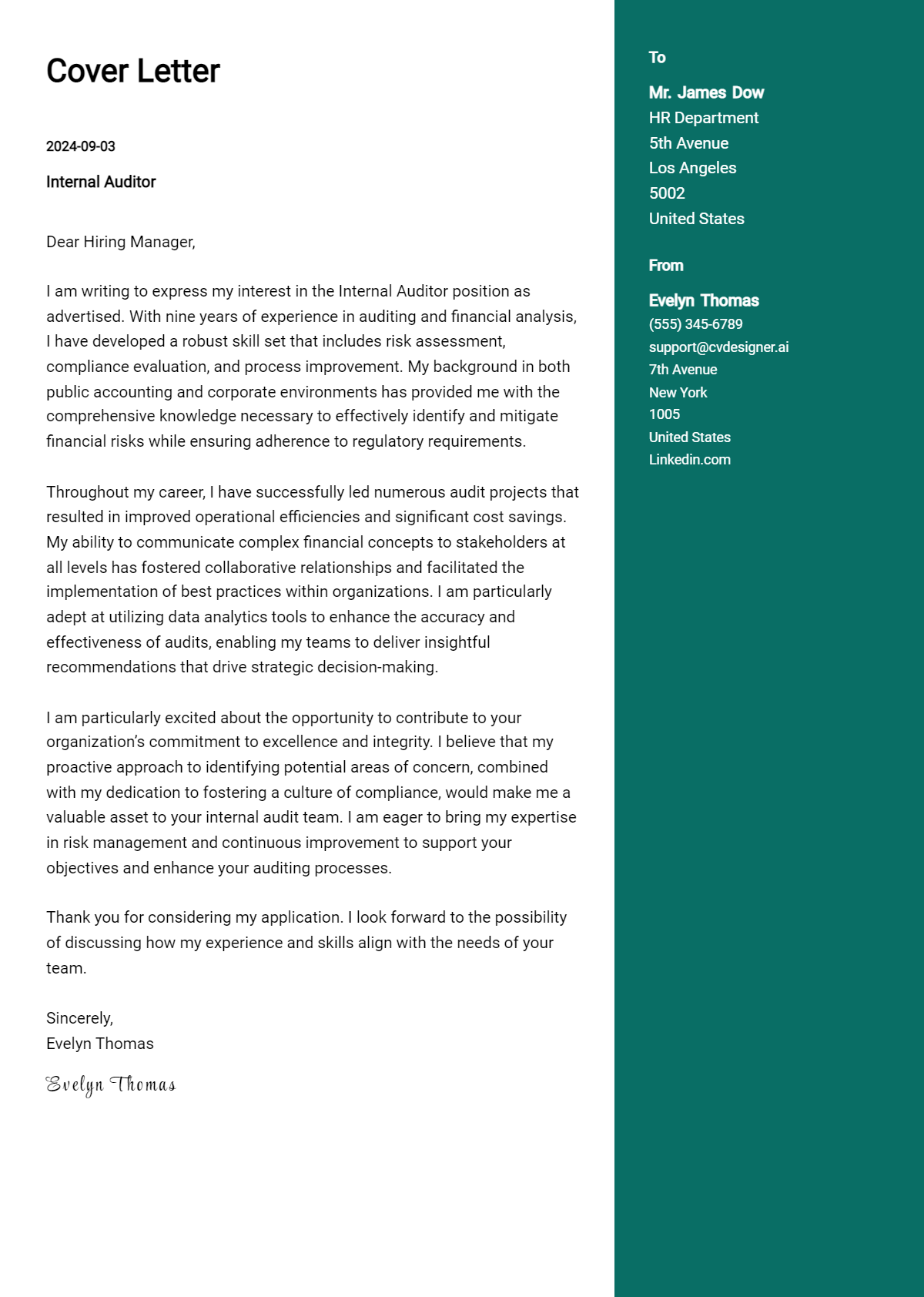 10 Internal Auditor Cover Letter Examples & Samples for 2026 Preview