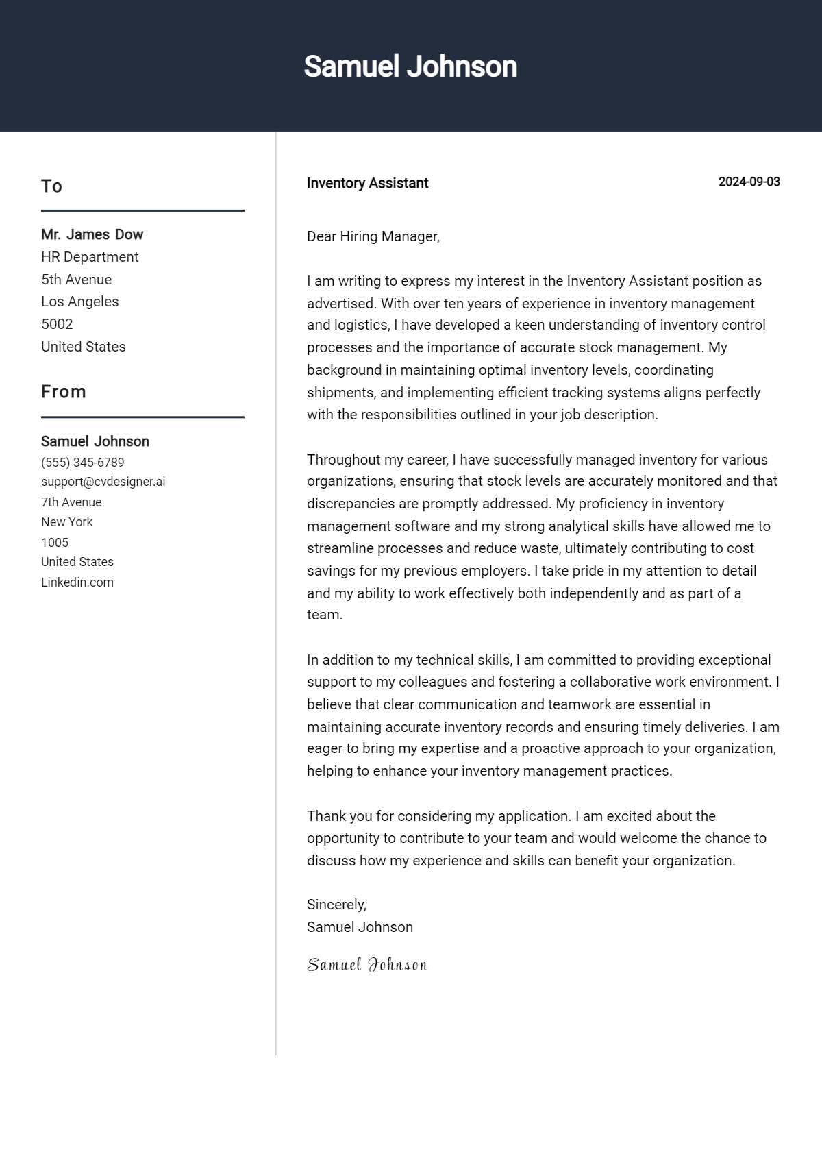12 Inventory Assistant Cover Letter Examples for 2026: Top CV Skills Preview