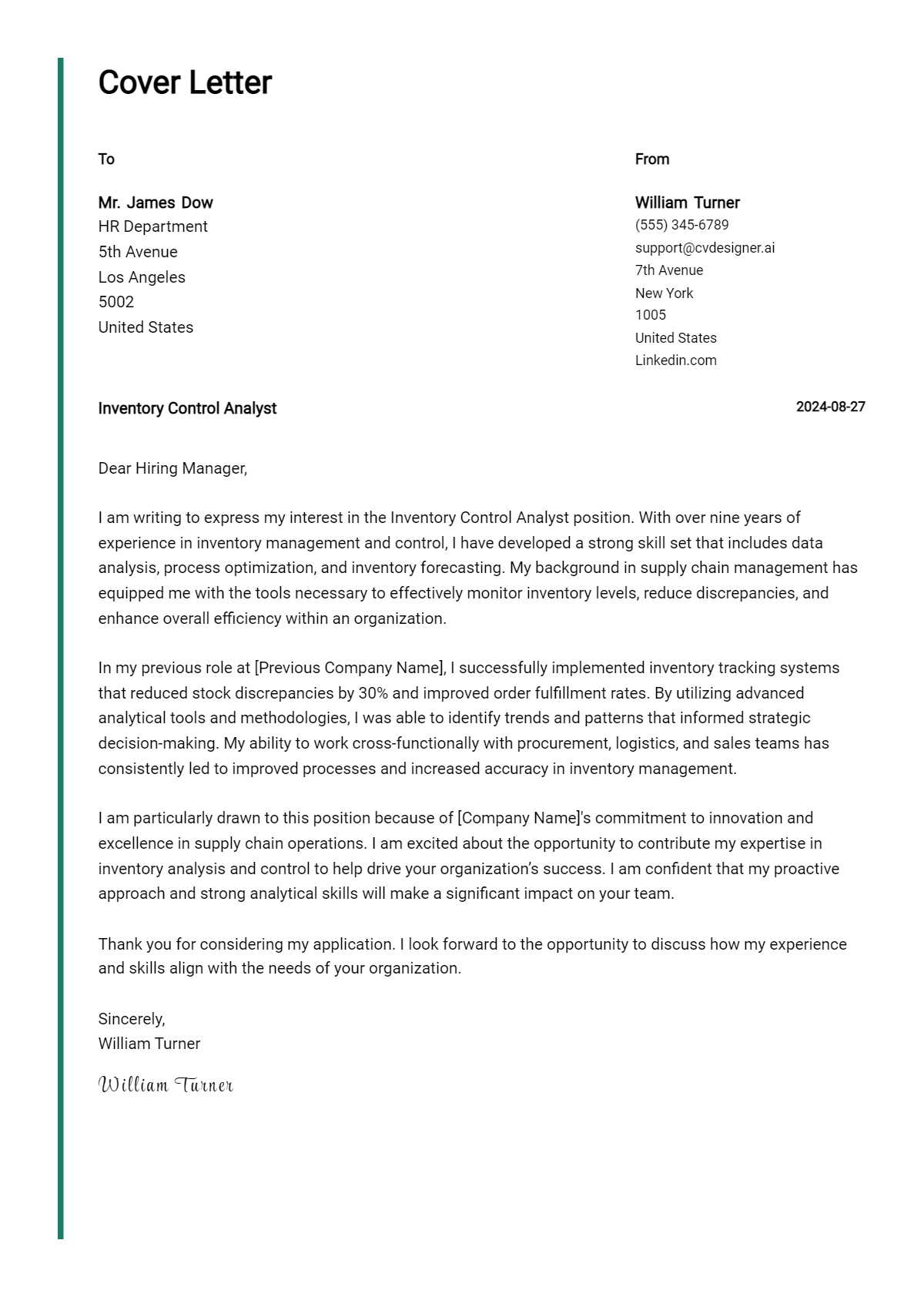 12 Inventory Control Analyst Cover Letter Examples for 2026 (Free Templates) Preview