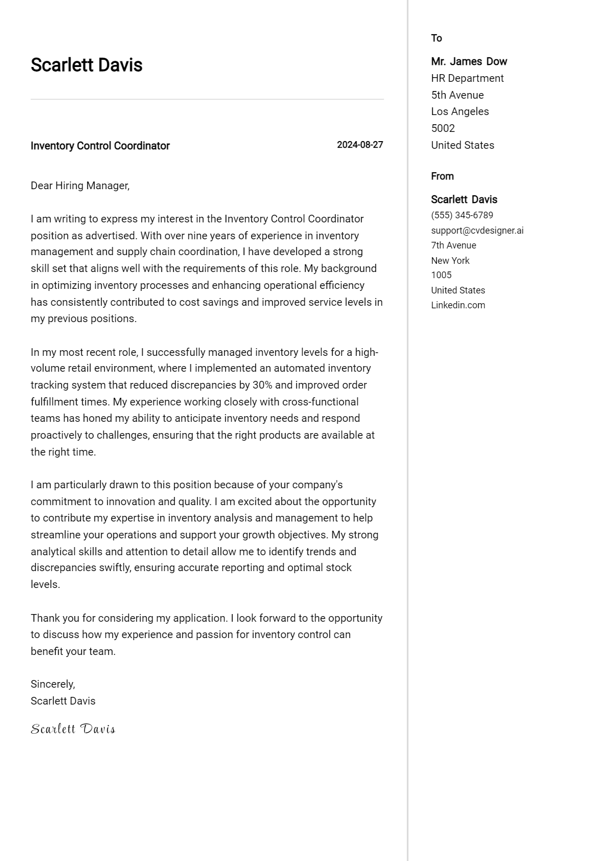 Inventory Control Coordinator Cover Letter Example for 2026 (Free Templates) Preview