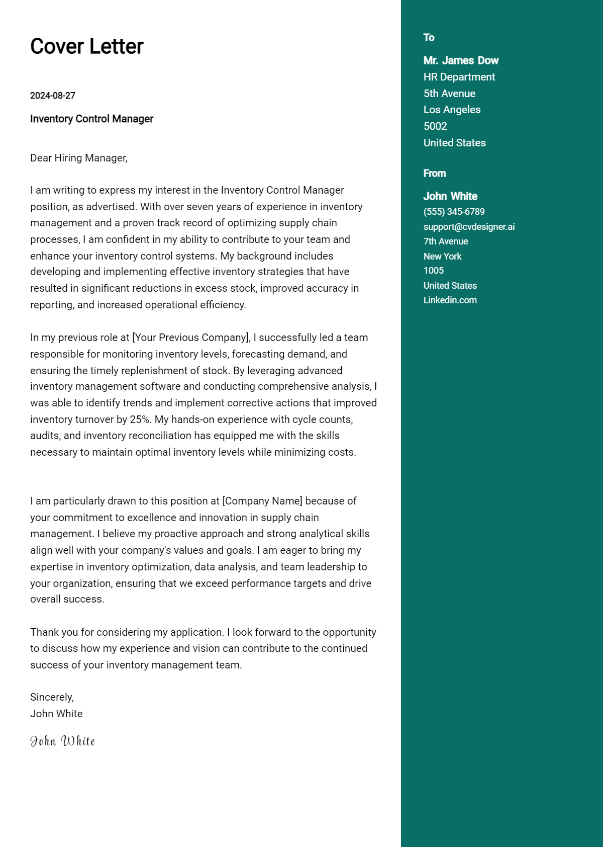Inventory Control Manager Cover Letter Examples & Samples for 2026 Preview