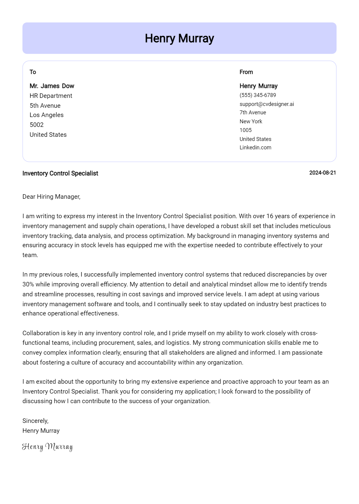 Inventory Control Specialist Cover Letter Example for 2026 (Complete Writing Guide) Preview