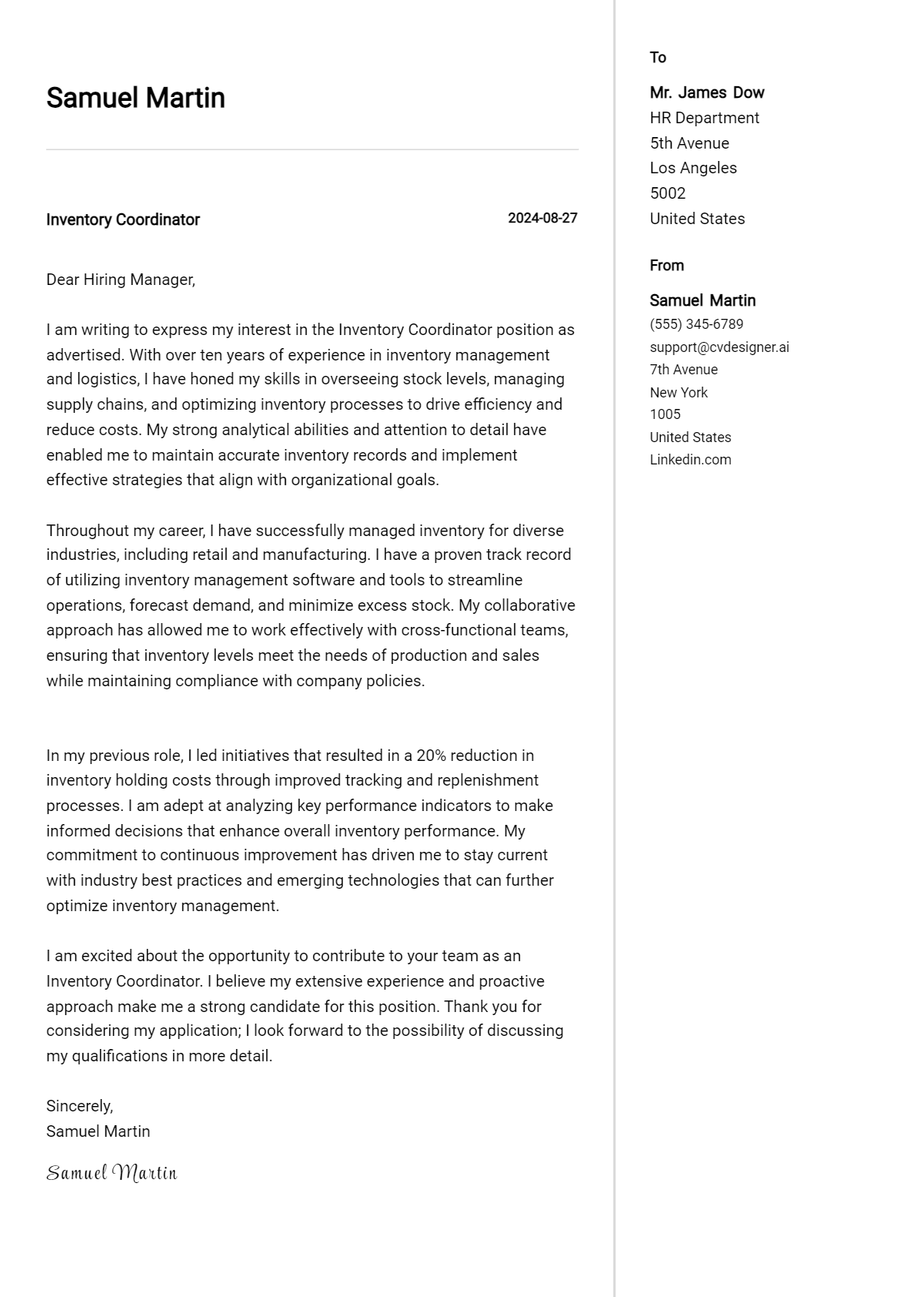 12 Inventory Coordinator Cover Letter Examples for 2026 (Downloadable) Preview