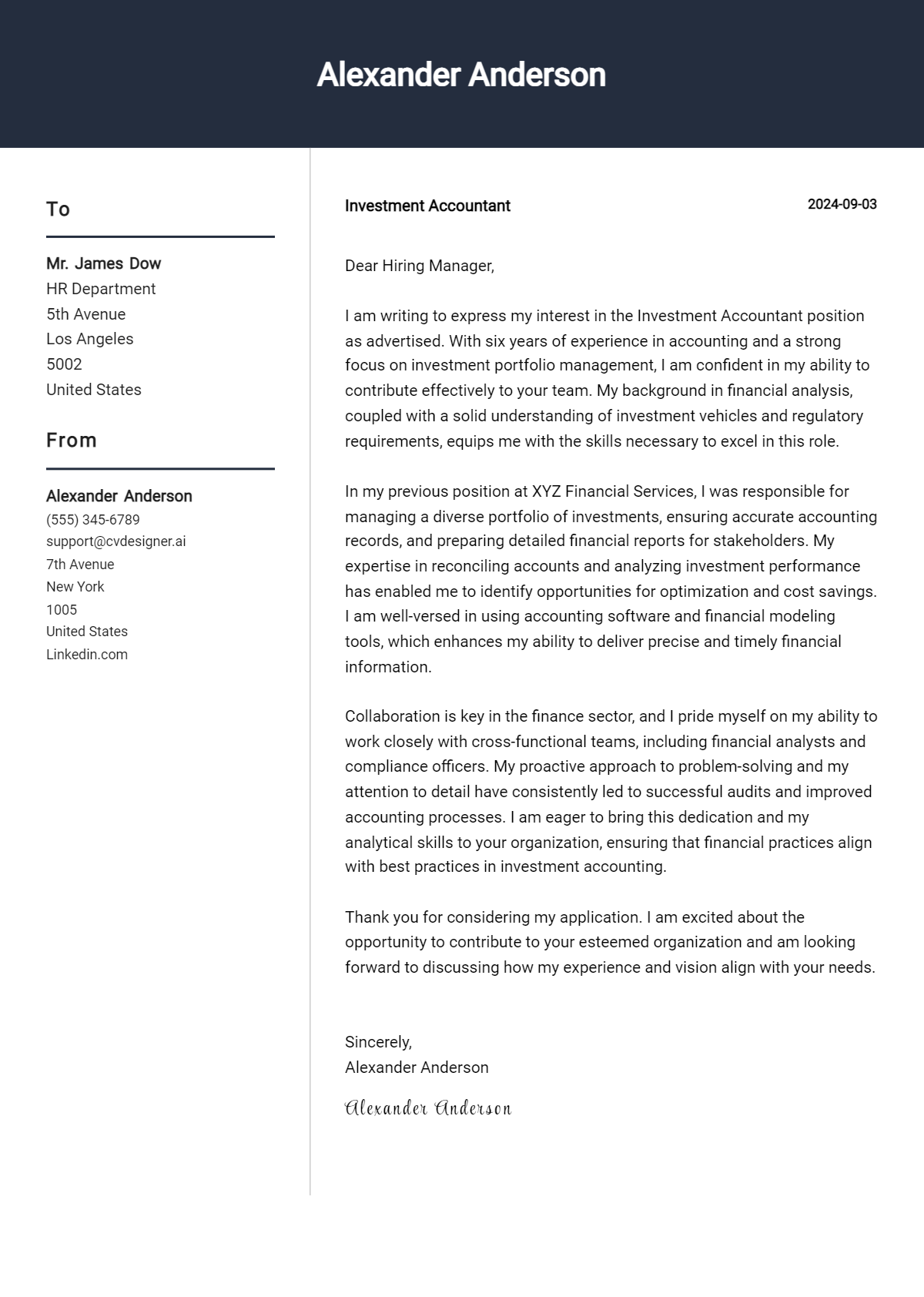 Investment Accountant Cover Letter Example for 2026 (Free Templates) Preview