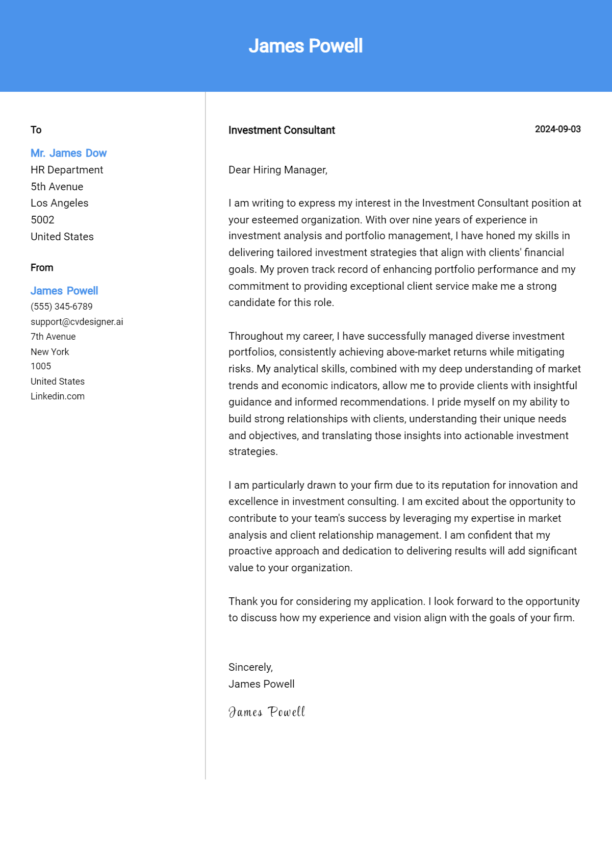 Investment Consultant Cover Letter Examples for 2026 (Downloadable) Preview