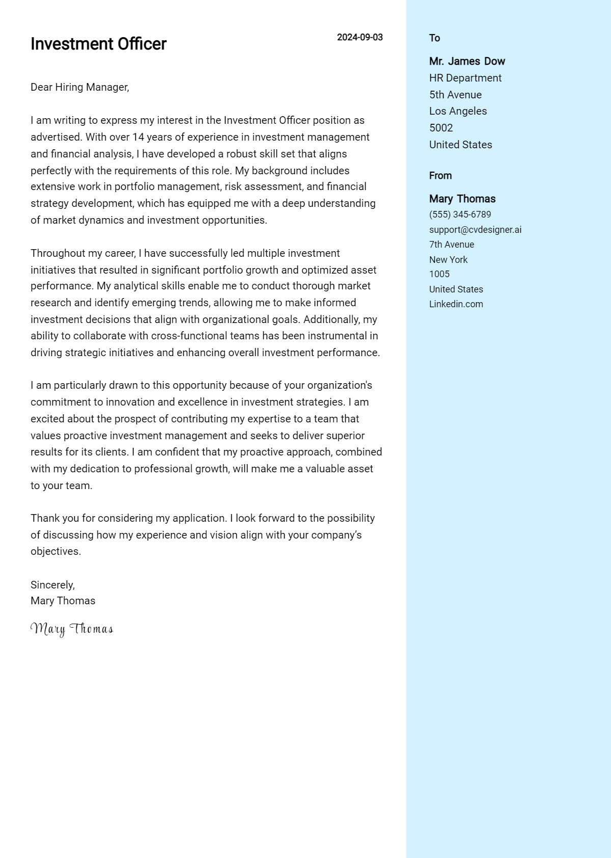 Investment Officer Cover Letter Samples & Examples 2026 Preview